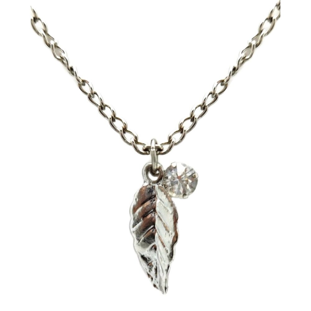 M STYLE LAB Leaf Charm with Clear Crystal on Silvertone Necklace NEW